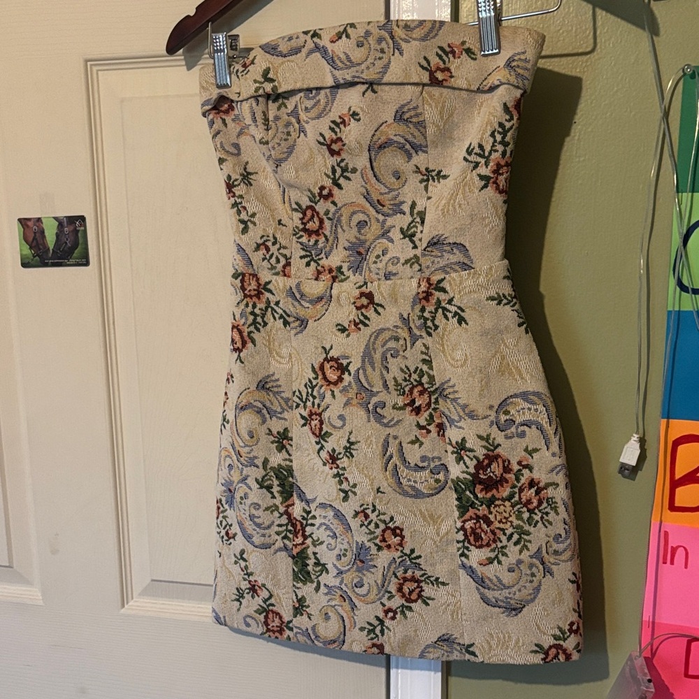 Strapless Floral Brocade Mini Dress - Cream with Blue & Rose Accents